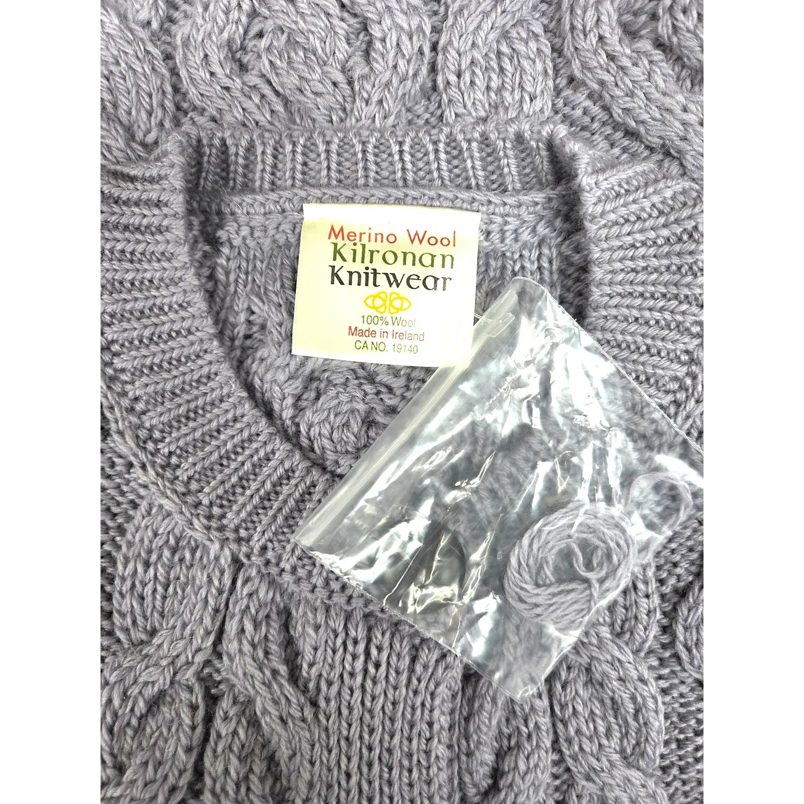 Kilronan Knitwear Ireland Merino Wool Cable Knit Cardigan Lavender Gray XL NWT - Image 7