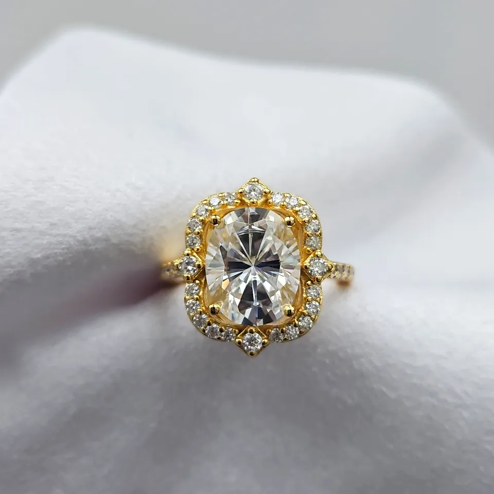 3ct Oval Scalloped Halo Iced Out Moissanite Ring. Size 5, YG Plating - Image 2