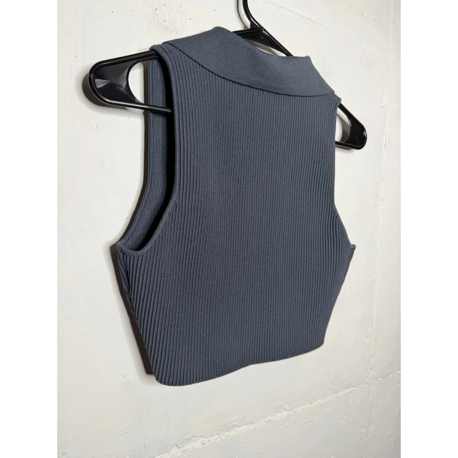 Quince Womens Ribbed Cropped Polo V Neck Navy Blue SIze Medium - Image 2