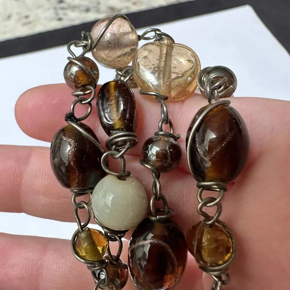 Handmade Glass Brown, Off White, Amber Color Etc Silver Tone Necklace 35 Inch - Image 8
