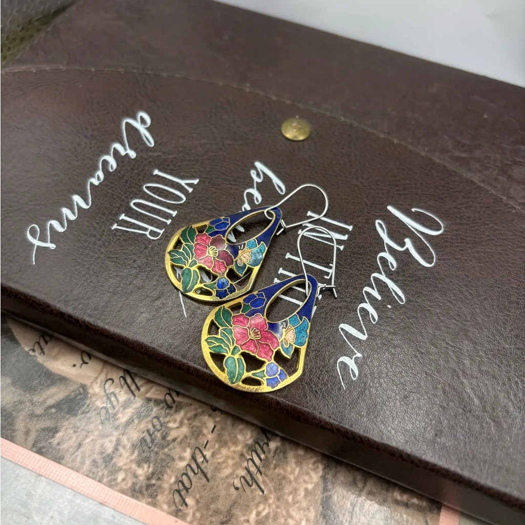 Vintage Cloisonné Enamel Earrings Floral Teardrop Stainless Steel Hooks Pink - Image 4