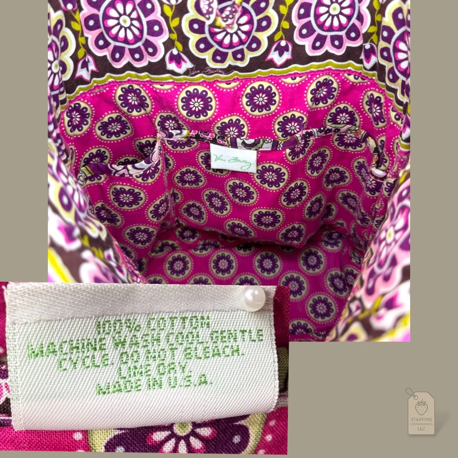 Vera Bradley Quilted Tote Bag Paisley Floral Pink Brown Yellow - Image 6