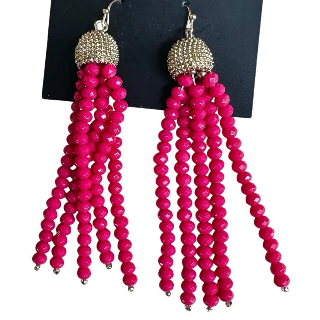 New York & Company Hot Pink Beaded Tassel Earrings - Image 2