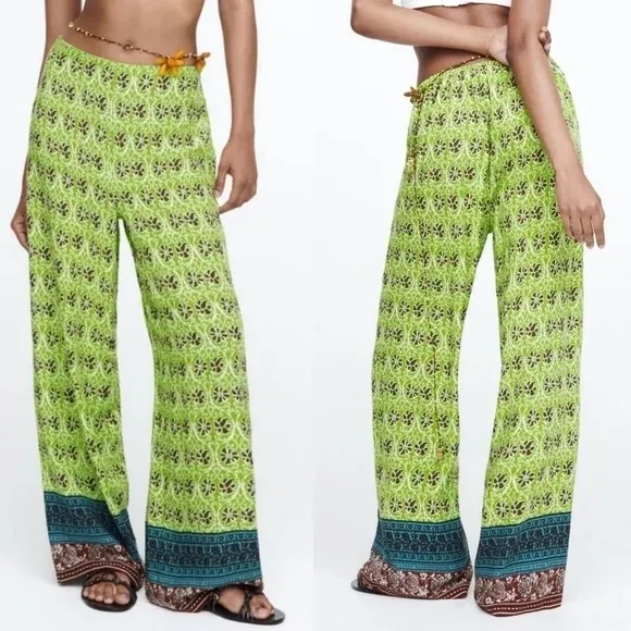 ZARA Boho Green Multi Floral High-Waist Palazzo Pants –Women’s Medium – Festival - Image 2