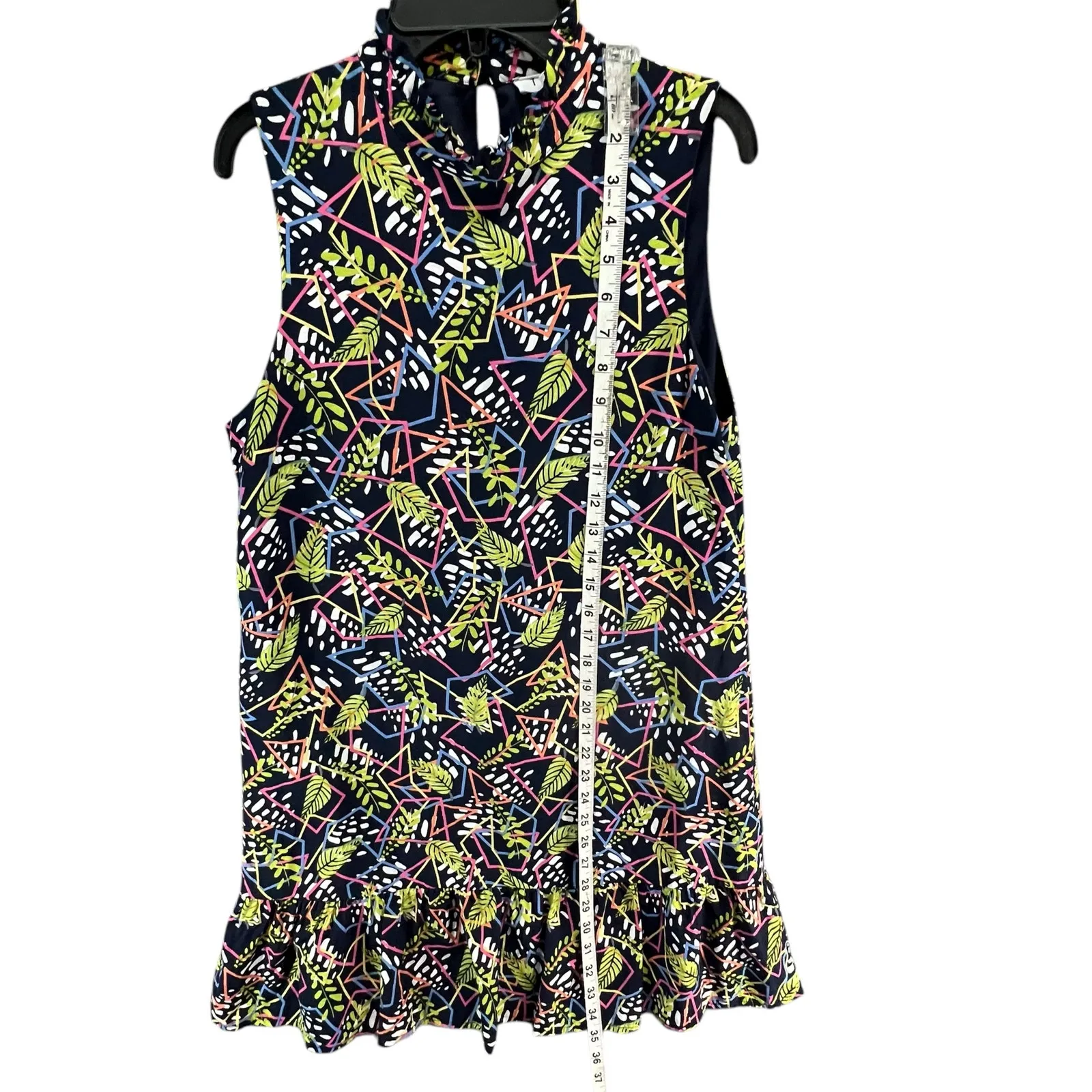 THML Dress S Blue Green Floral Geo Sleeveless Ruffle Neck Peplum Hem Boho Chic - Image 9