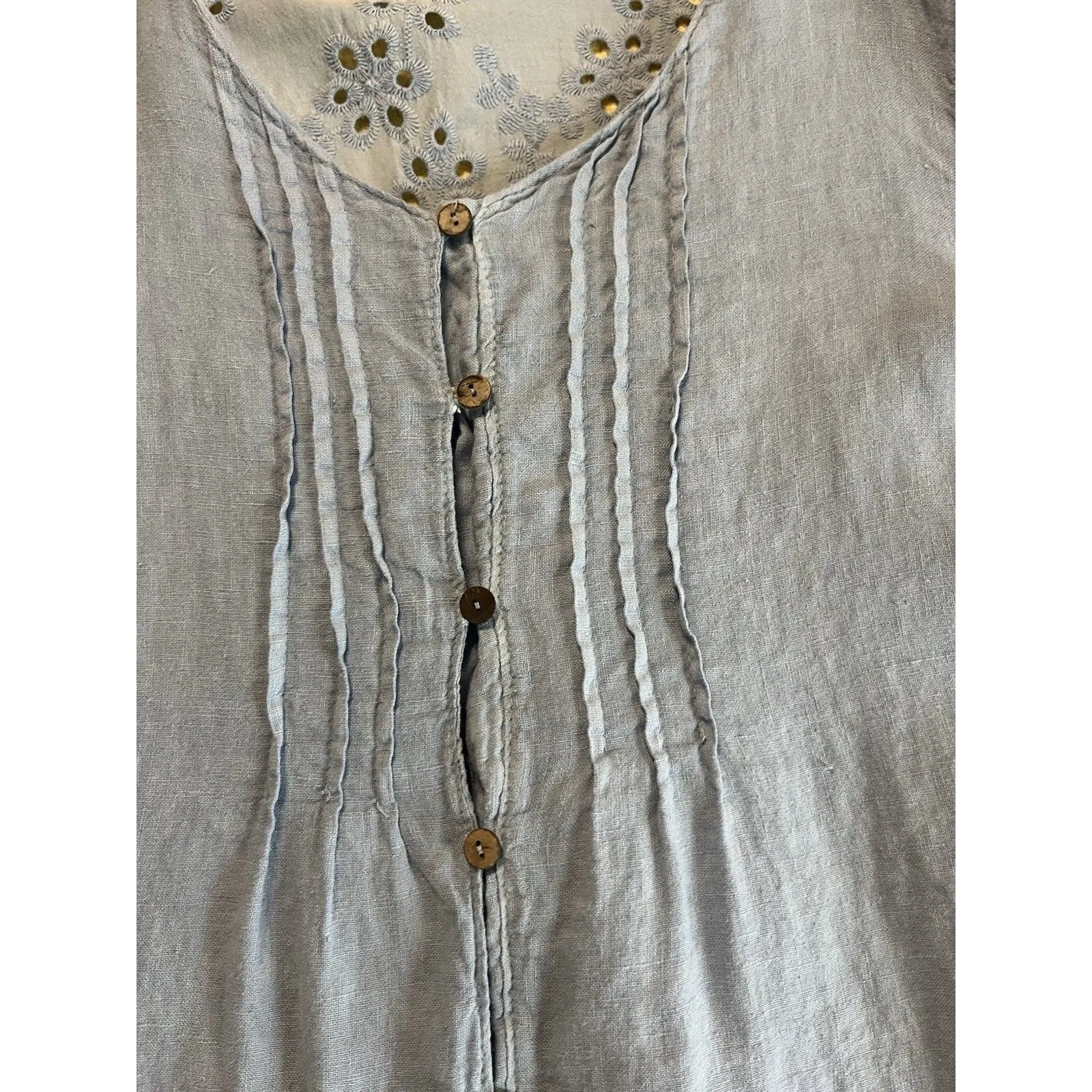Lungo L’arno Blue 100% Linen Blouse Size M Pintuck Pleated Eyelet Coastal Size M - Image 6