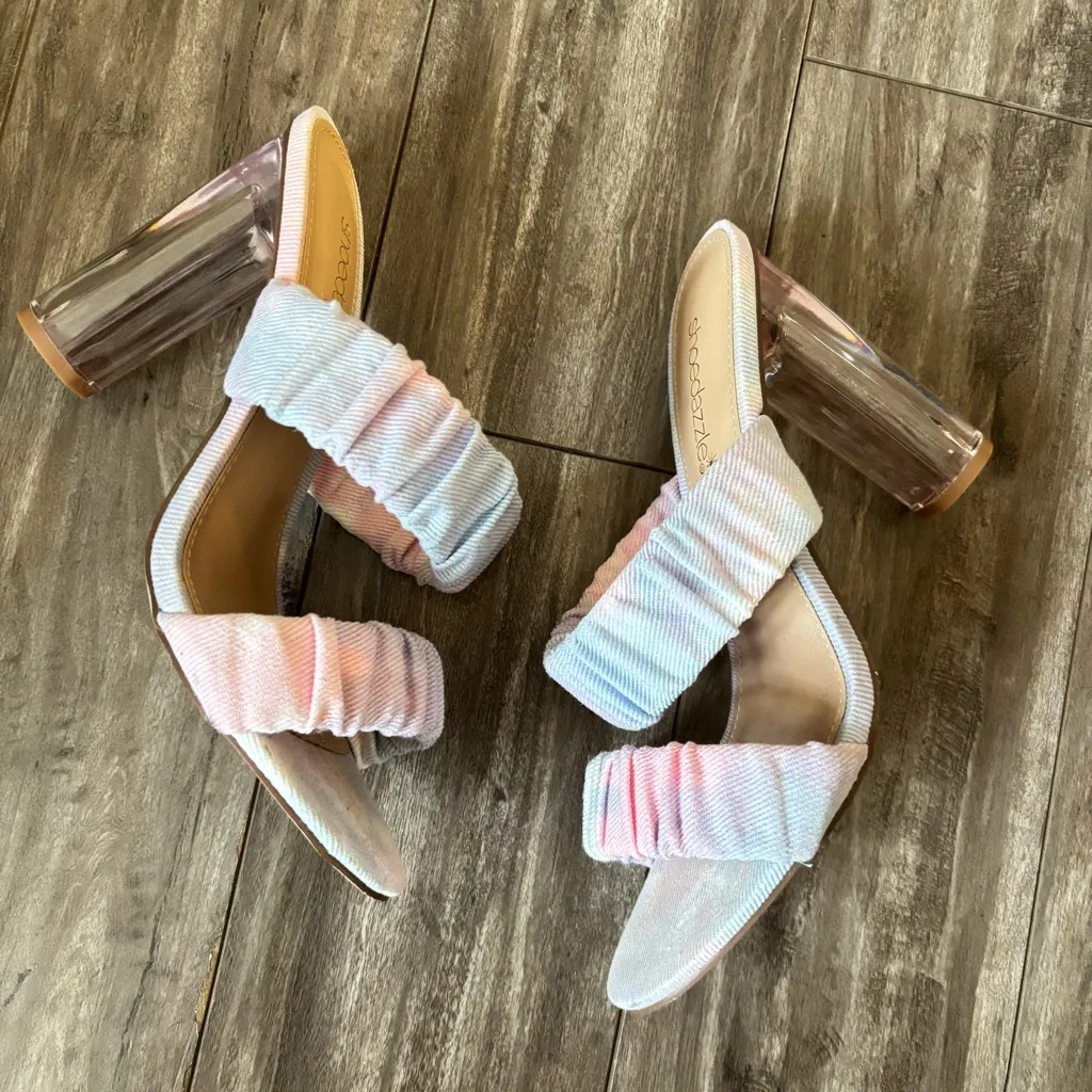 ShoeDazzle Reyia‎ Two Strap Clear High Heeled Sandal SIZE 6.5 Pastel Blue Pink - Image 2