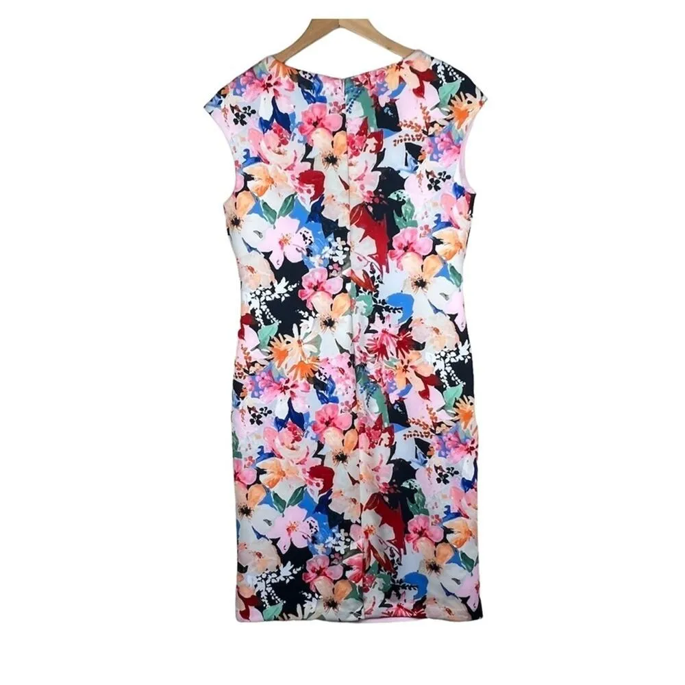 Tahari pink watercolor floral scuba V neck cap sleeve midi sheath dress M NEW - Image 5