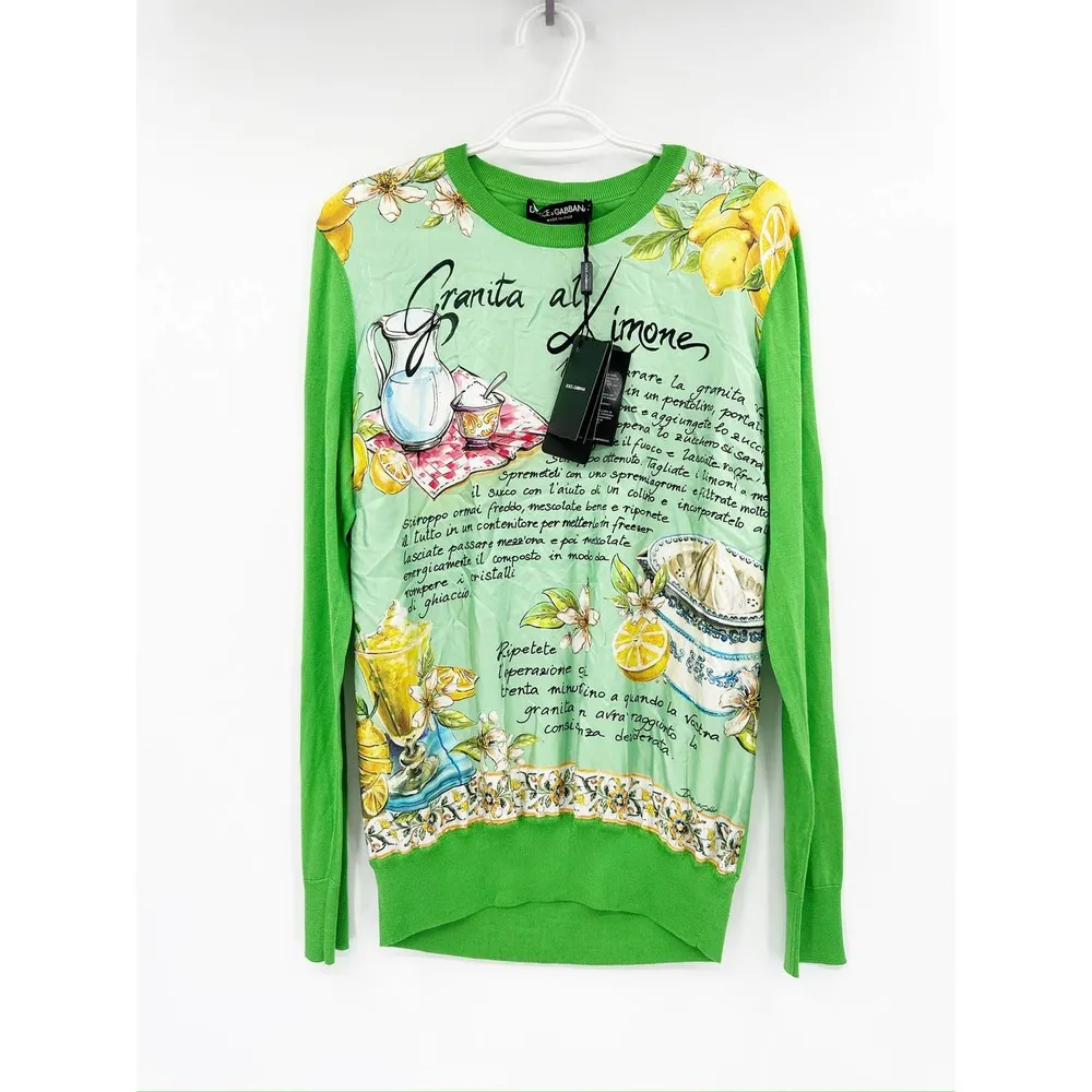 Dolce & Gabbana Lemon Granita Print Green Silk Crewneck Sweater NWT - Image 3