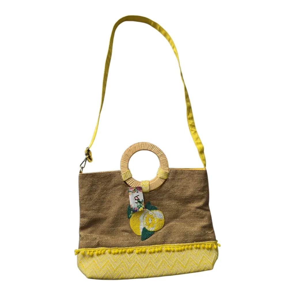 America & Beyond Beaded Lemon Yellow Chevron Fabric Circular Handle Tote Bag - Image 2
