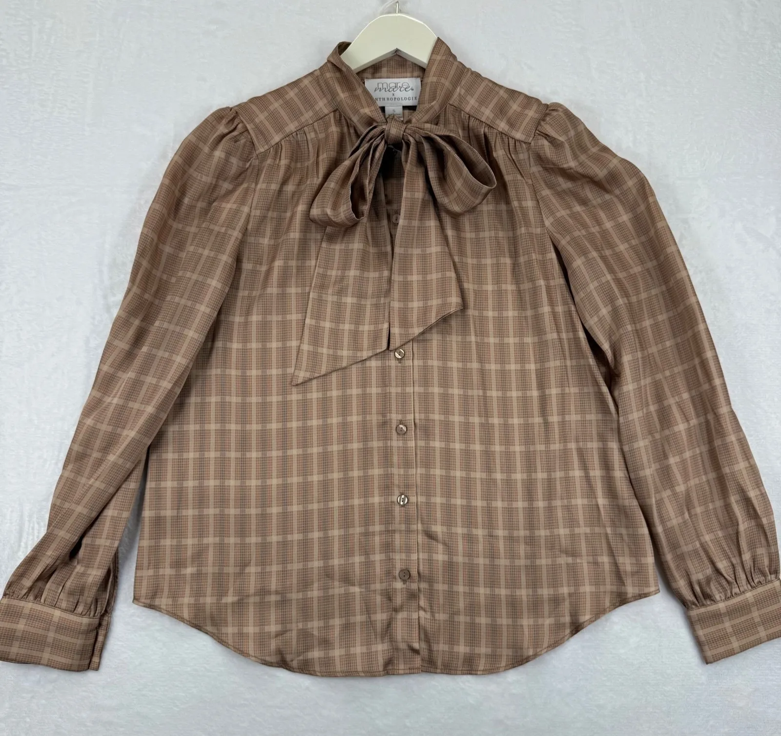 Mare Mare Anthropologie Plaid Bow Tie Neck Long Sleeve Button Down Shirt Size S Brown - Image 1