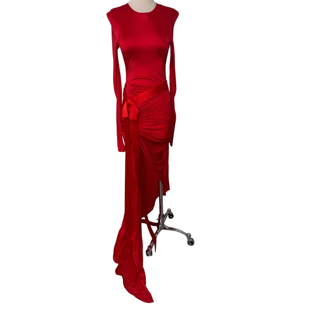 David Koma Satin Bow Detail Asymmetric Long Dress in Red 6 UK 10 New Womens Gown - Image 5