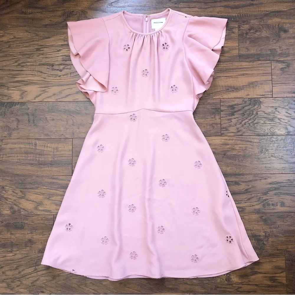 Kate Spade • Cutout Crepe Dress pink eyelet ruffle sleeve flutter Faded Peony - Image 3