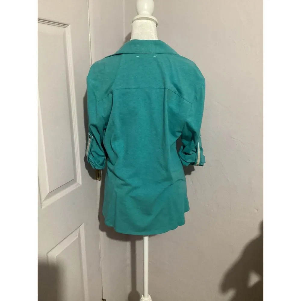 Lafayette 148 Blue 3/4 Sleeve Button Up Cotton Top - Image 4