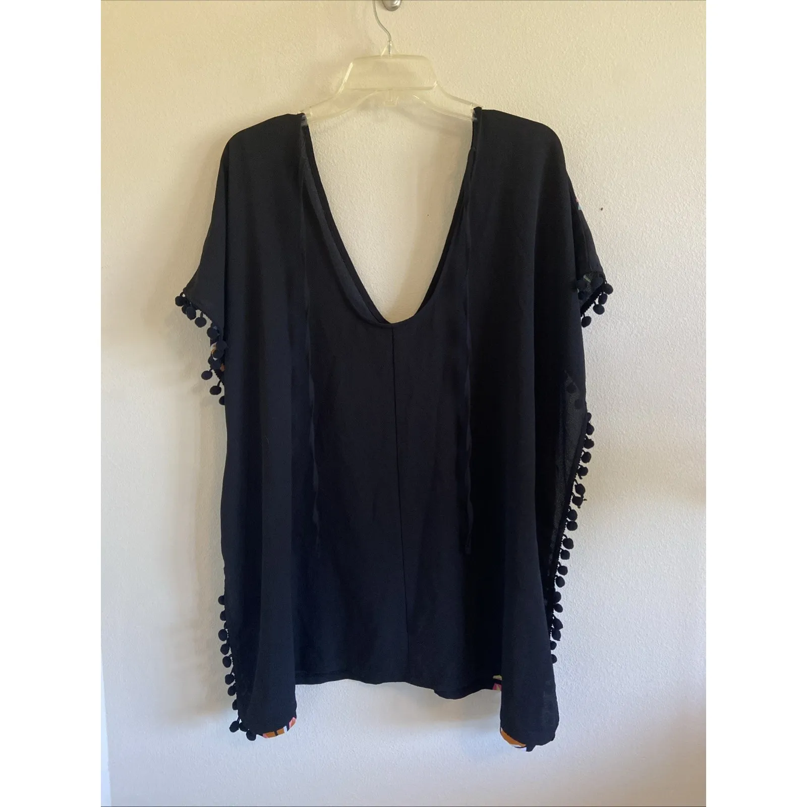 Xhilaration Black Colorful Tropical Palm Floral Pom Fringe Swim Coverup Womens S - Image 2