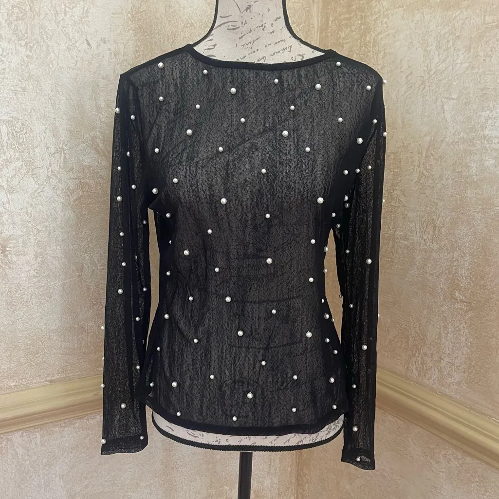 Amber Skies Pearl Embellished Sheer Mesh Top Black Cocktail Glam Whimsigoth XL - Image 4