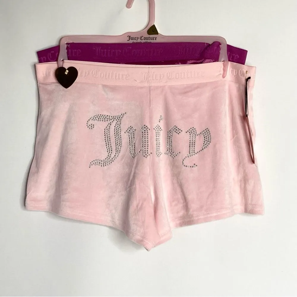 NWT 2 Pair Juicy Couture Velour Lounge Pajama Shorts Size Large Pink Rhinestone - Image 12