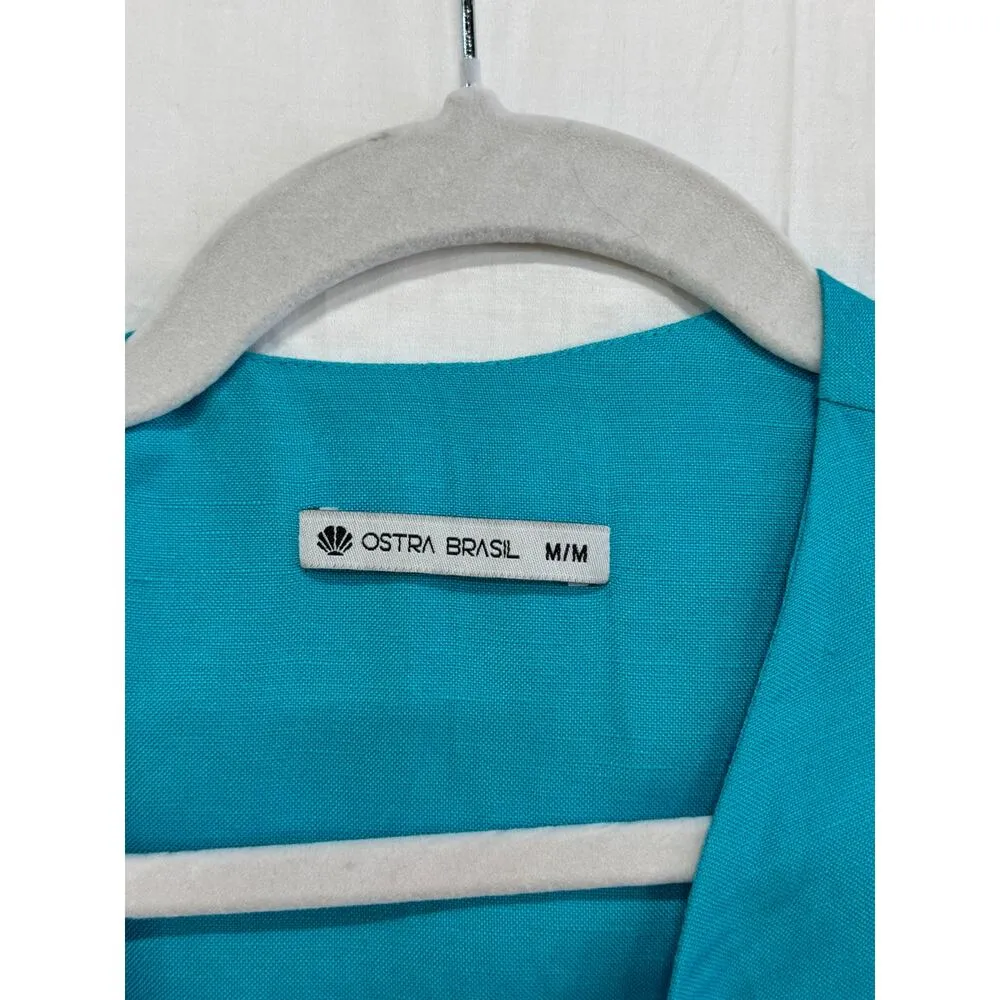 Ostra Brasil Puff Sleeve Tie Front Cropped Blouse Top Teal Blue Women's Size M Size M - Image 2