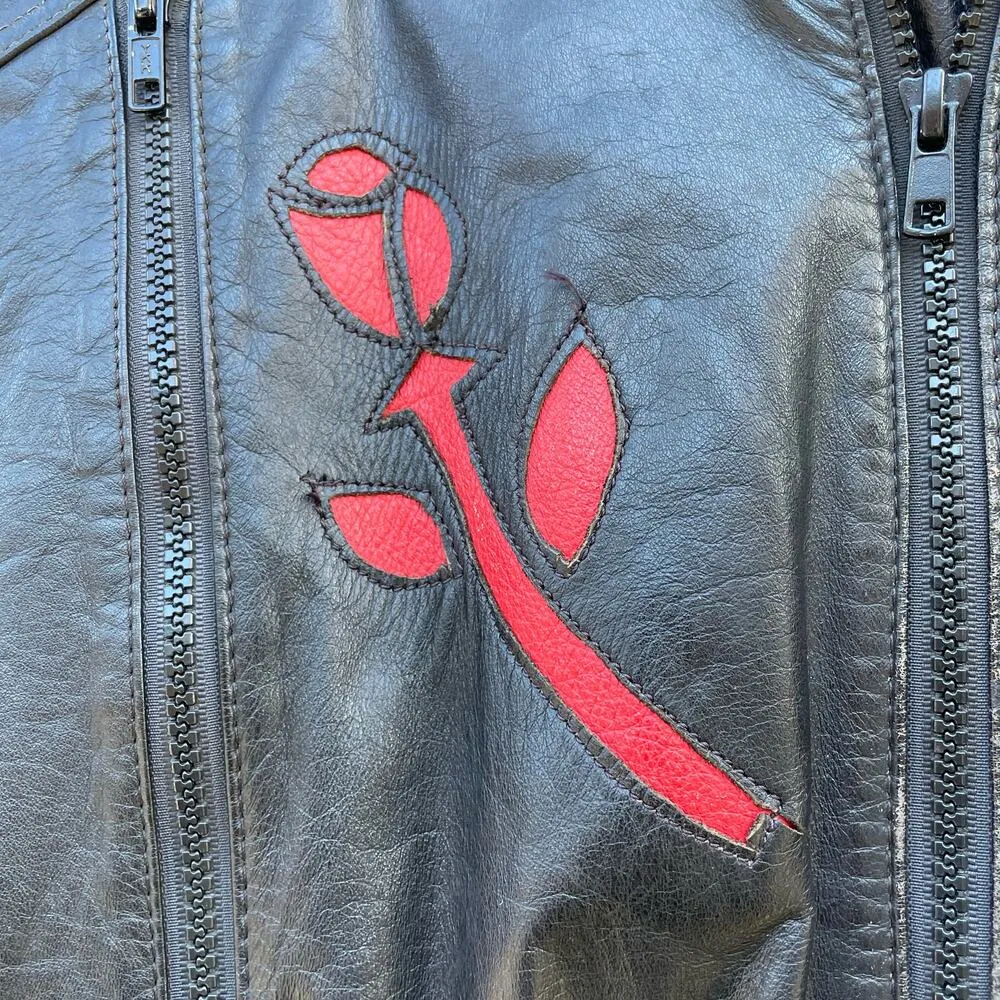 Vintage Hein Gericke Black Leather Moto Jacket Fringe Roses L Size L - Image 3