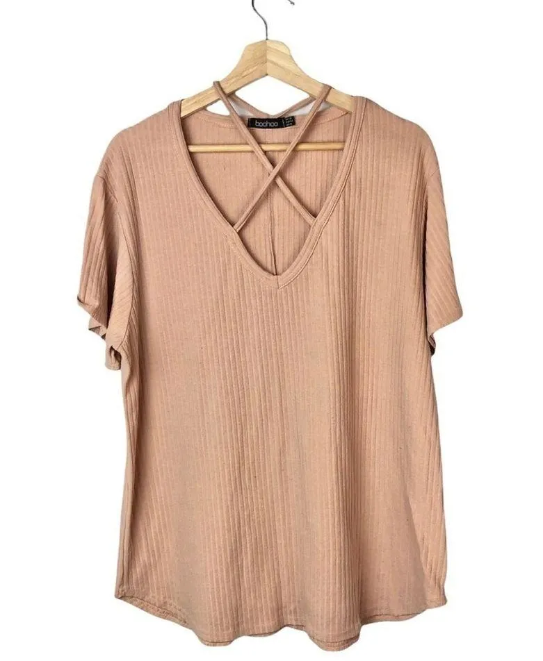 BooHoo Light Blush Pink Cross Front Strap Ribbed Short Sleeve T-Shirt 14 - Image 4