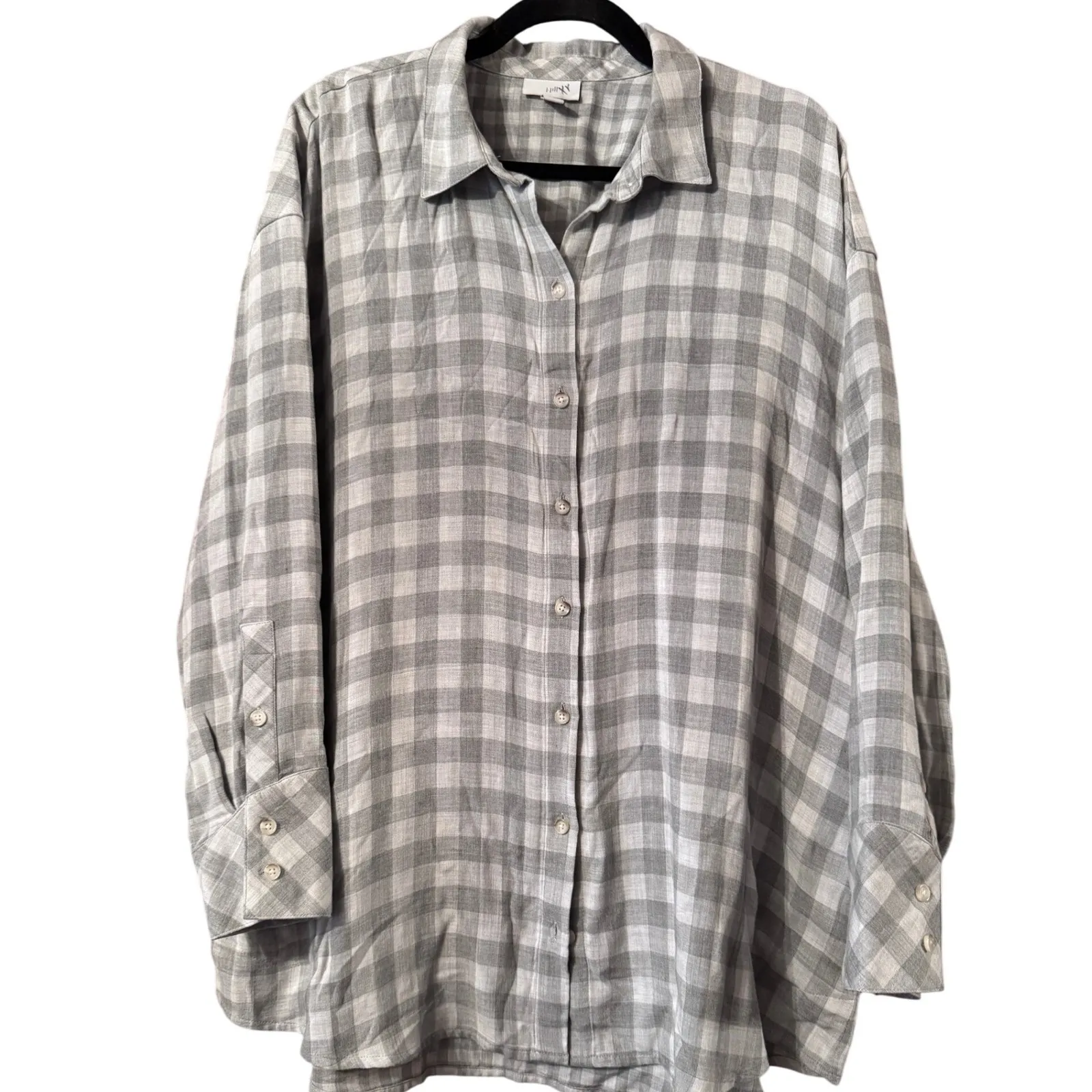 Gray Plaid Button Down Shirt Oversized Long Sleeve Relaxed Fit w/pockets L Size L - Image 2