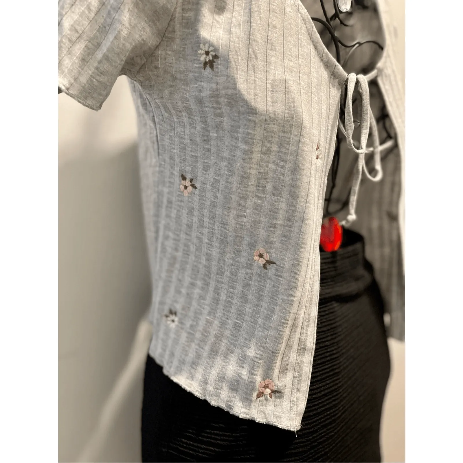 New With Tags Front Tie Gray Embroidered open Tee - Image 6