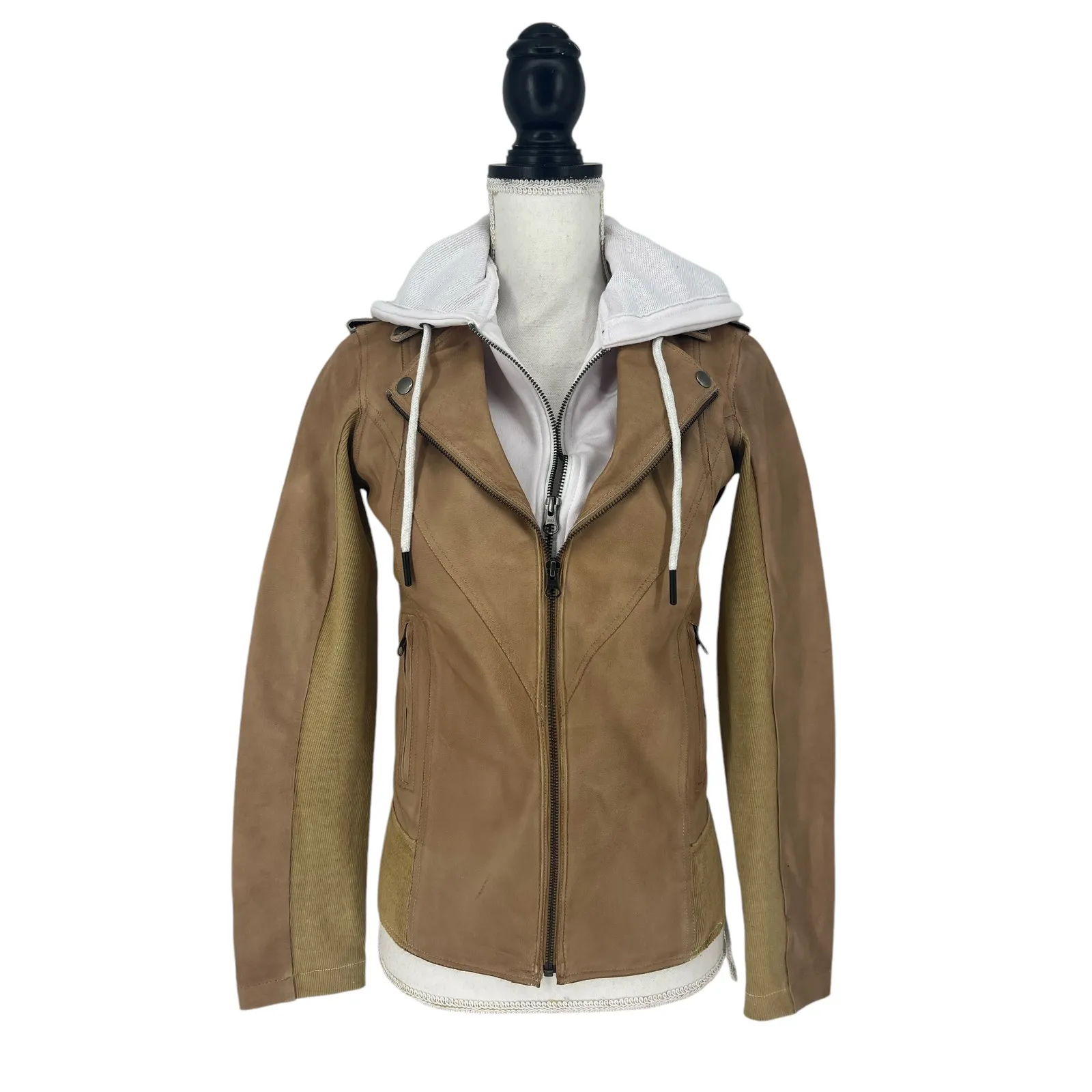 Jakett Hannah Patina Leather Jacket With White Hood Tan Size XS - Image 8