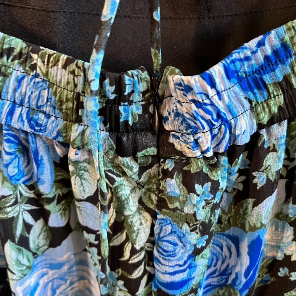 WAYF Dress Blue Floral Print Long Blouson Sleeve Open Back Tiered Midi Sz L NWT - Image 12