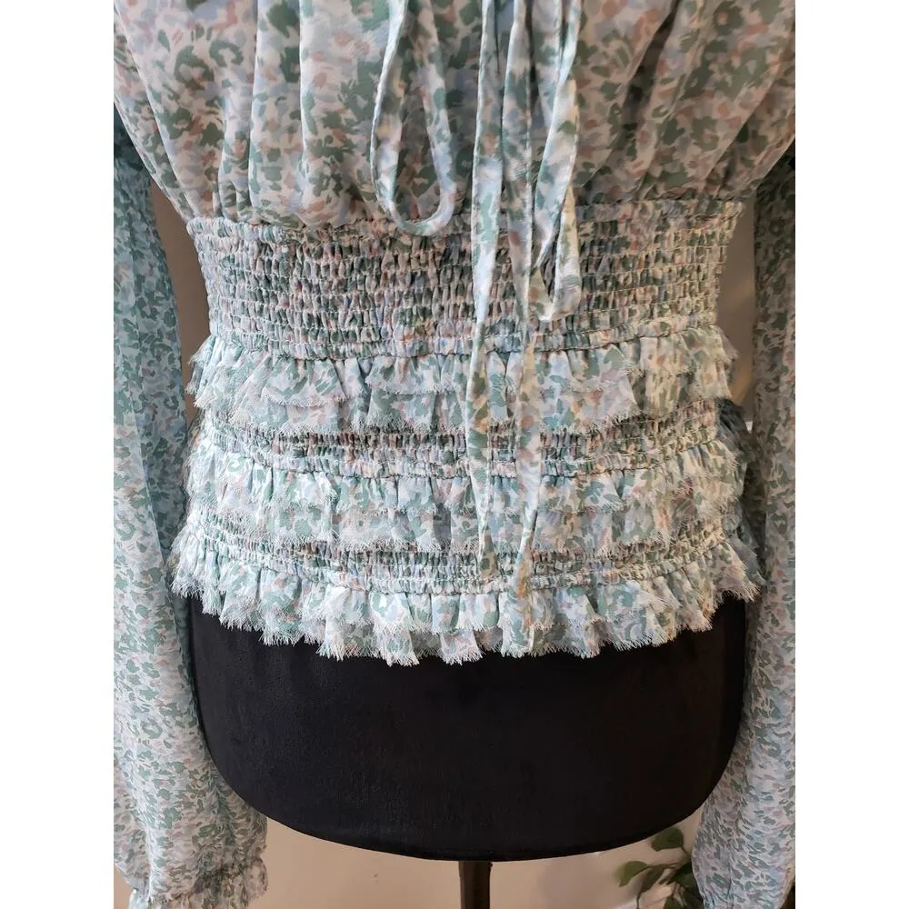 Millibon Blouse Top Womens L Green Floral Ruffled Smocked Tie Front Square Neck Size L - Image 8