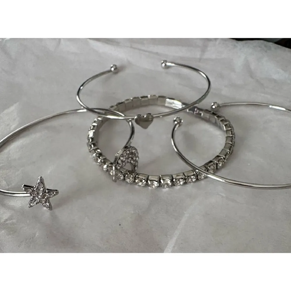 Silver Bangle Bracelet‎ Set Crystal Star Moon Heart Charm Stackable Jewelry - Image 7
