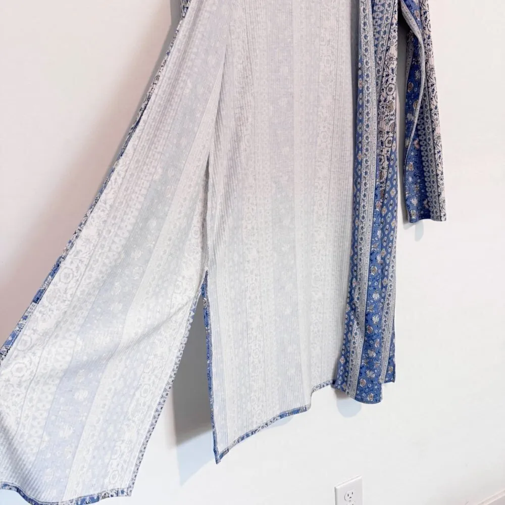 Boho Floral Long Open Front Cardigan in Blue White Bohemian Peasant Slit Size XS - Image 4