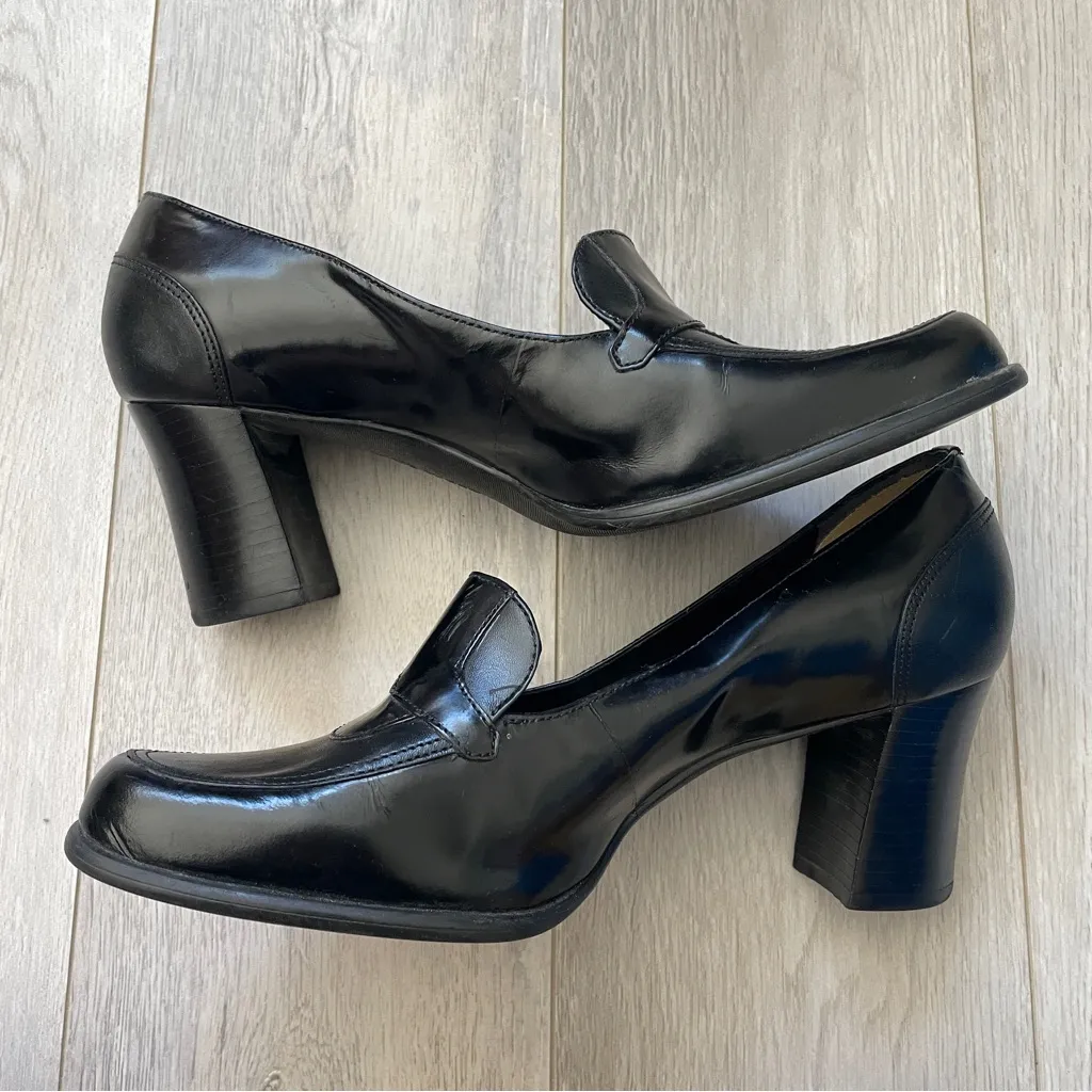Vintage Heeled Loafers nine west leather womens Black (size 7.5) minimalist - Image 7