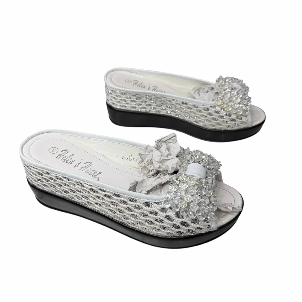 Helens Heart Wedge Sandal Womens 8 White Open Toe Sparkle Bling Crystal Bow Glam - Image 5