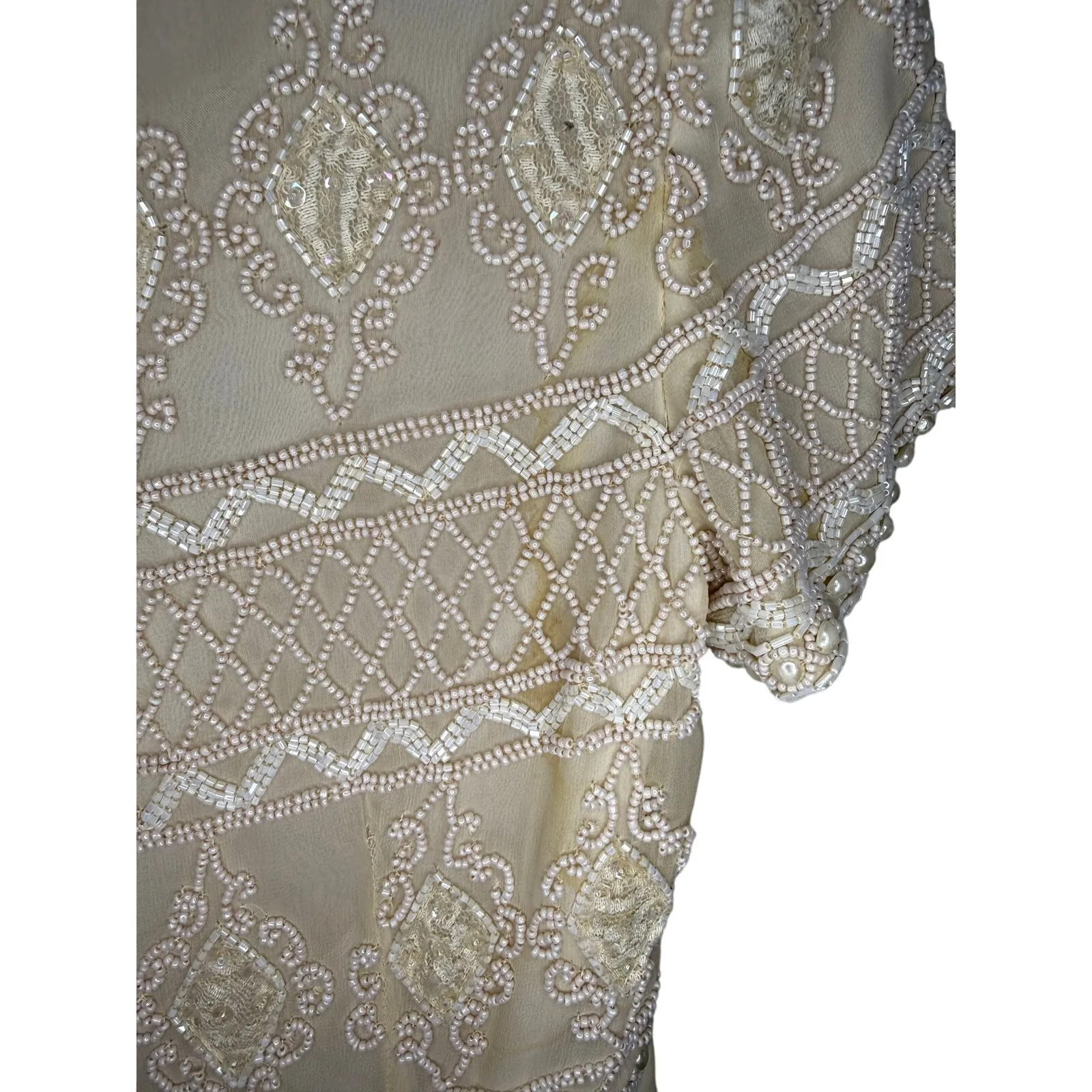 Vintage Adrianna Papell Evening Gown Midi Dress Women’s Sz 10 Ivory Silk Beaded - Image 5