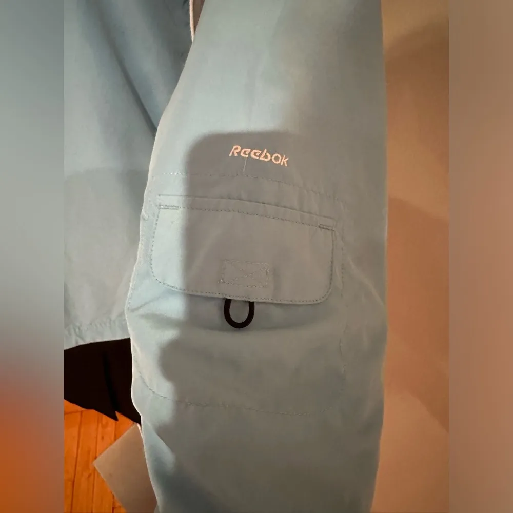 Reebok Blue Softshell Windbreaker 1/4 Zip Hoodie Jacket White Side Panels Sz M - Image 4