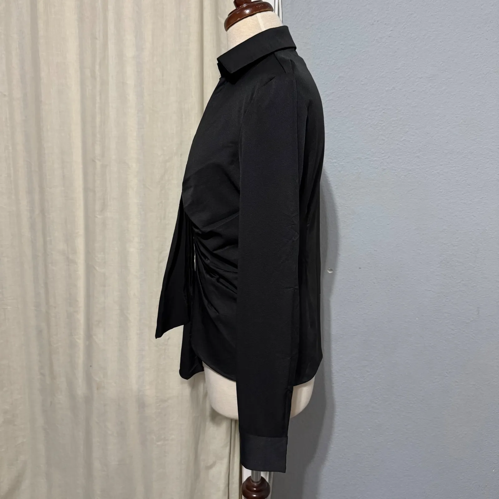 idem ditto Black Ruched Front Long Sleeve Collared Button Up Shirt Top Gothic L - Image 6