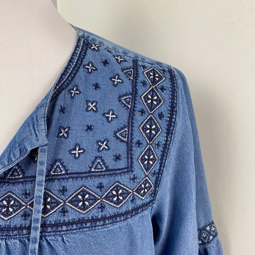 J Jill Denim Embroidered Chambray Boho Dress Tassel Tencel Small - Image 5