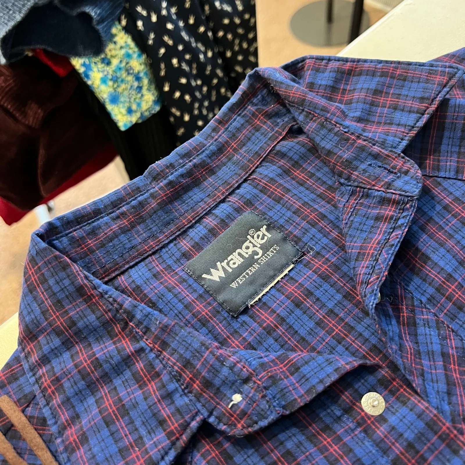 Vintage 90s Wrangler Blue & Red Cotton Plaid Pearl Snap Western Shirt Size XL - Image 7