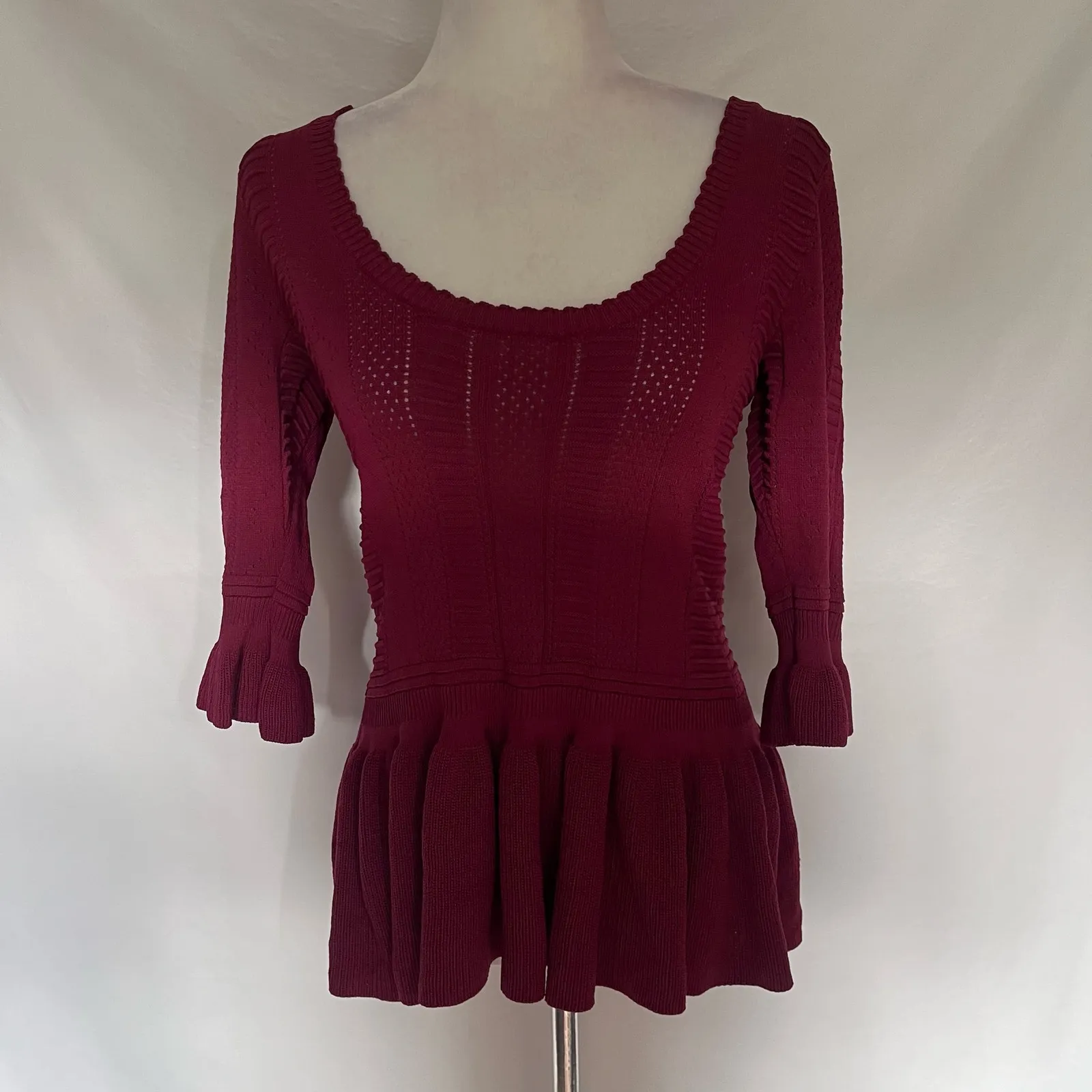 Torn by Ronny Kobo Peplum Womens Sweater Sz M Burgundy Preppy Scallop Romantic - Image 11