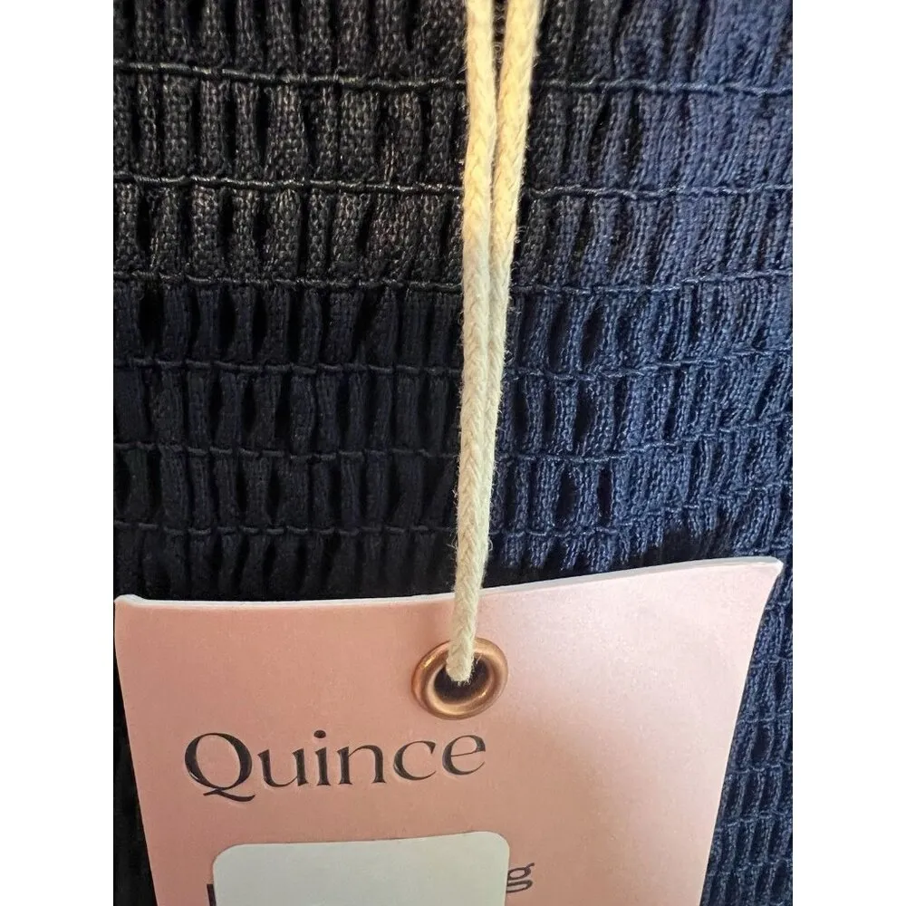 Quince 100% European Linen Smocked Mini Dress Large Navy Blue Puff Sleeves - Image 8