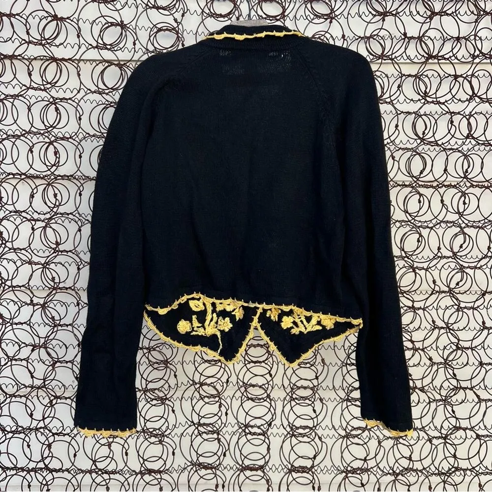 90s Arriviste Gold floral scrolling embroidered black button up cardigan blazer Size L - Image 3