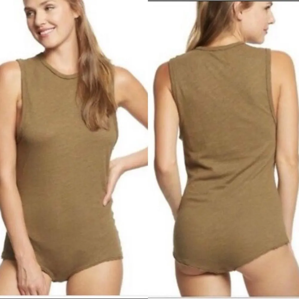 NWOT Free People Army Green Linen Bodysuit Tank S - Image 2
