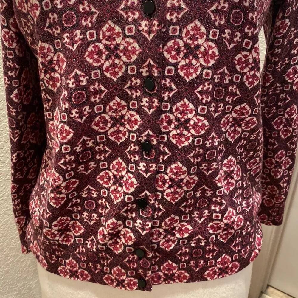 Talbots Cardigan Sweater Long Sleeve Button Down Pattern Sparkly Red EUC Sz Lg - Image 3