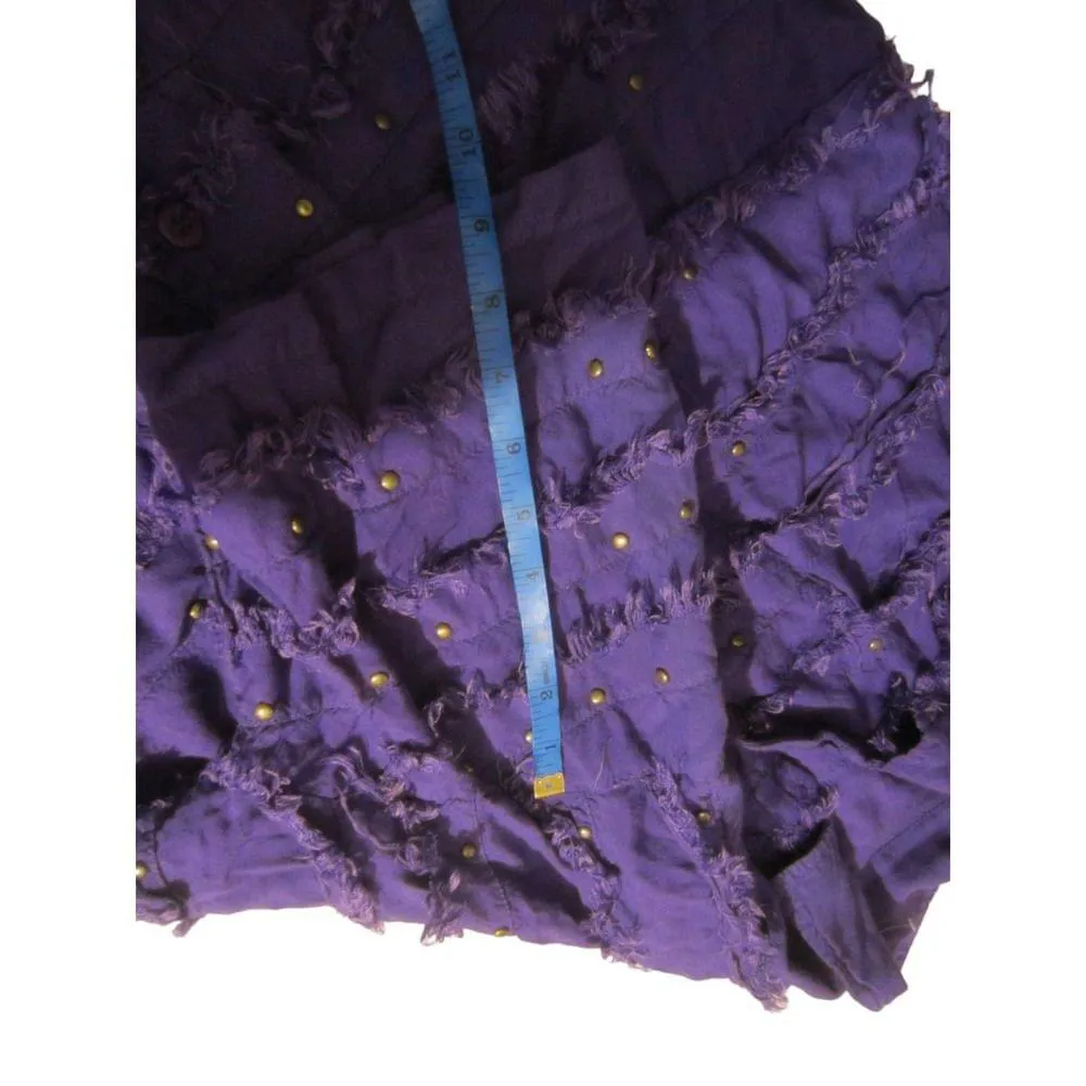 Boho Textured Fringe Button Shirt Studded Purple Rayon Top M - Image 16