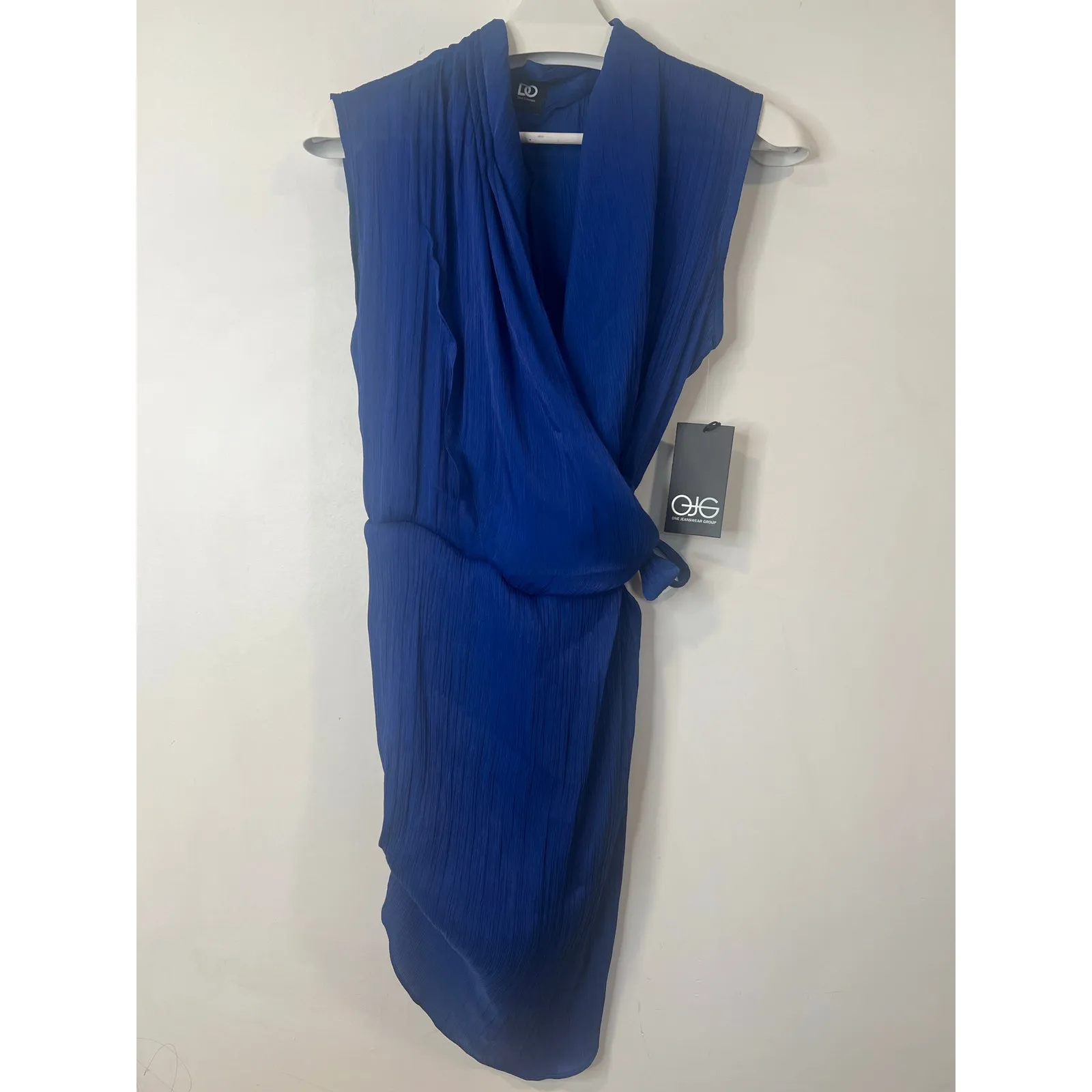 Dee Ocleppo Wrap Crinkle Asymmetrical Sheer Short Dress Blue Medium 8 - Image 6