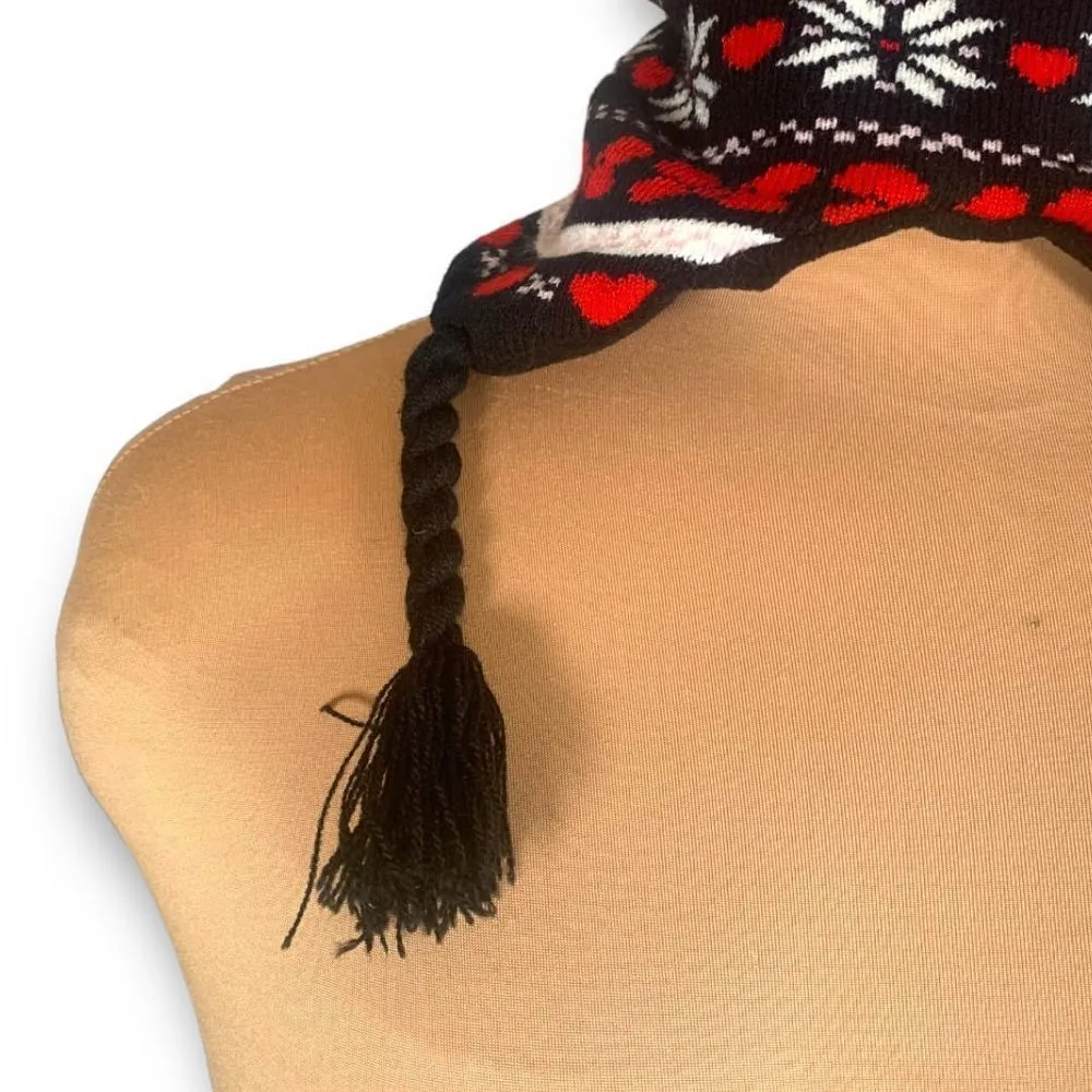 Disney Hat Minnie Mouse Fair Isle Print Red Black Fleece Lined Black Pompom - Image 7