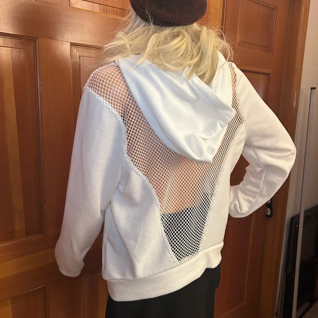 White Hoodie with Open Fishnet Mesh Back Size M - Image 11