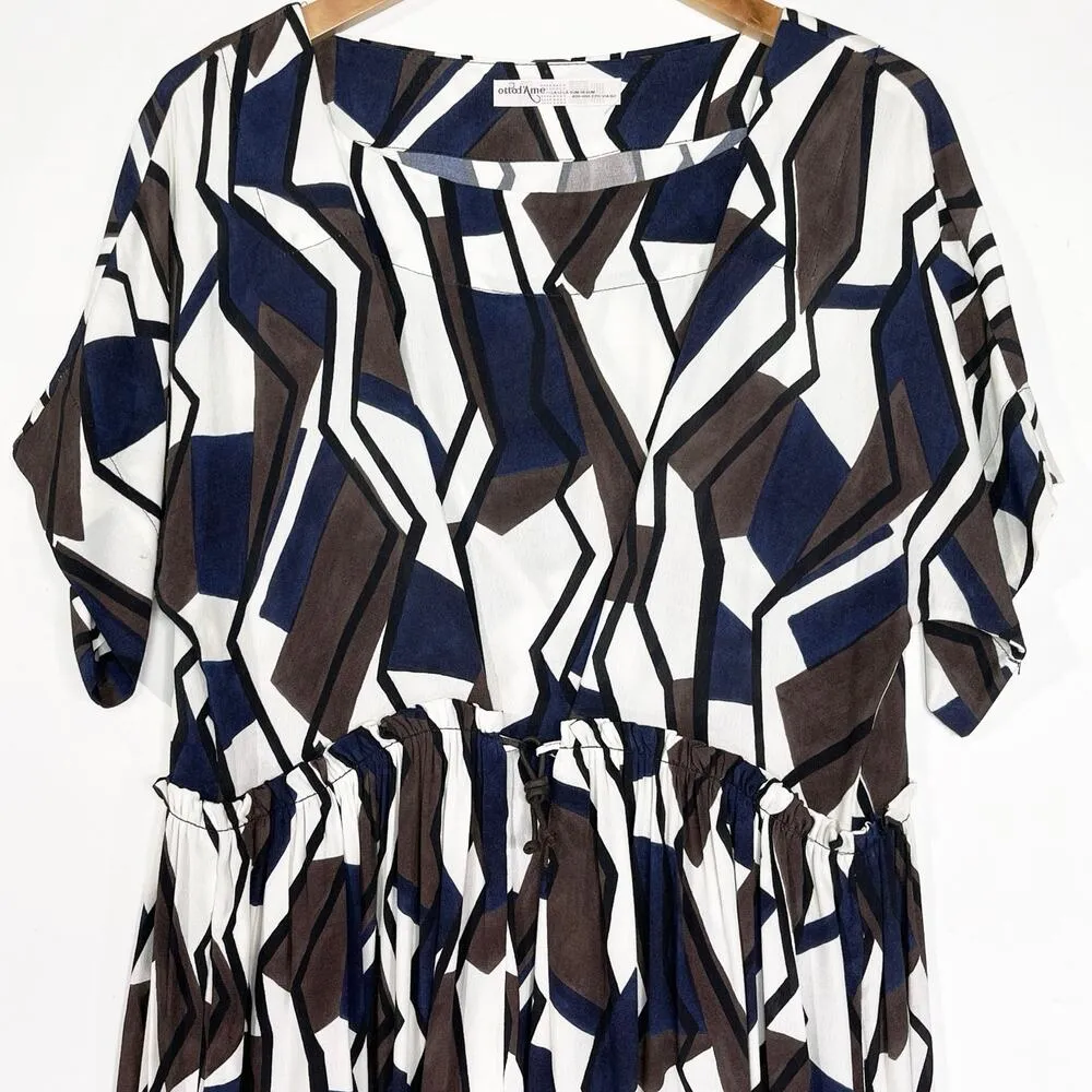 OTTOD’AME Women’s Abstrast Blue Print Cinched Waist Shirt Dress Size 4 - Image 2