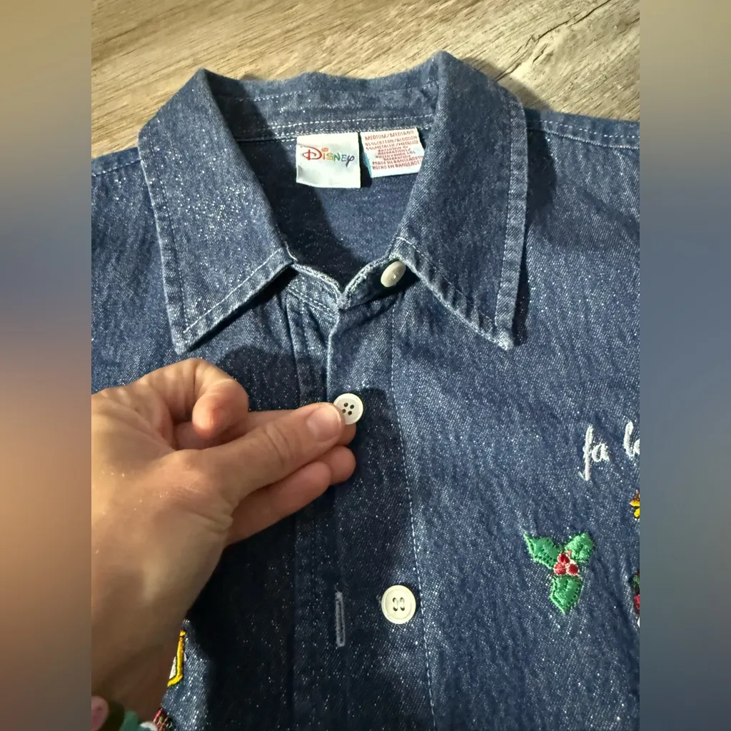 Disney Mickey Denim Sparkle Tis The Season Christmas Button Up Shirt Blue Size M - Image 6
