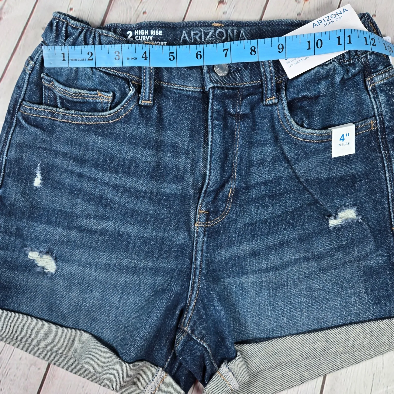 Arizona Jeans Co Size 2 High Rise Curvy Midi Denim Shorts Distressed Cuffed - Image 6